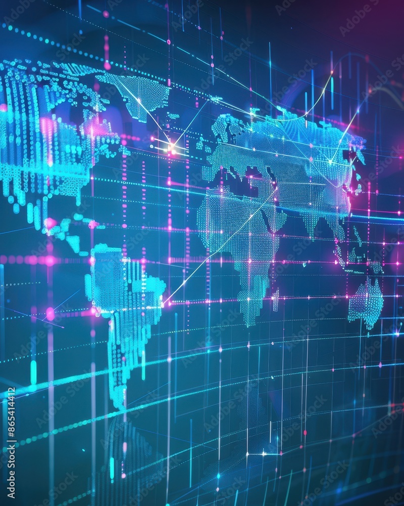 Poster digital world map with data visualization, glowing neon colors, and global network connections. mode