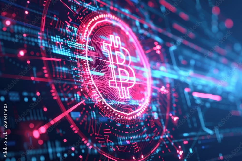 Poster Digital artwork of a glowing Bitcoin icon surrounded by circuit lines, illustrating the concept of cryptocurrency and blockchain technology.