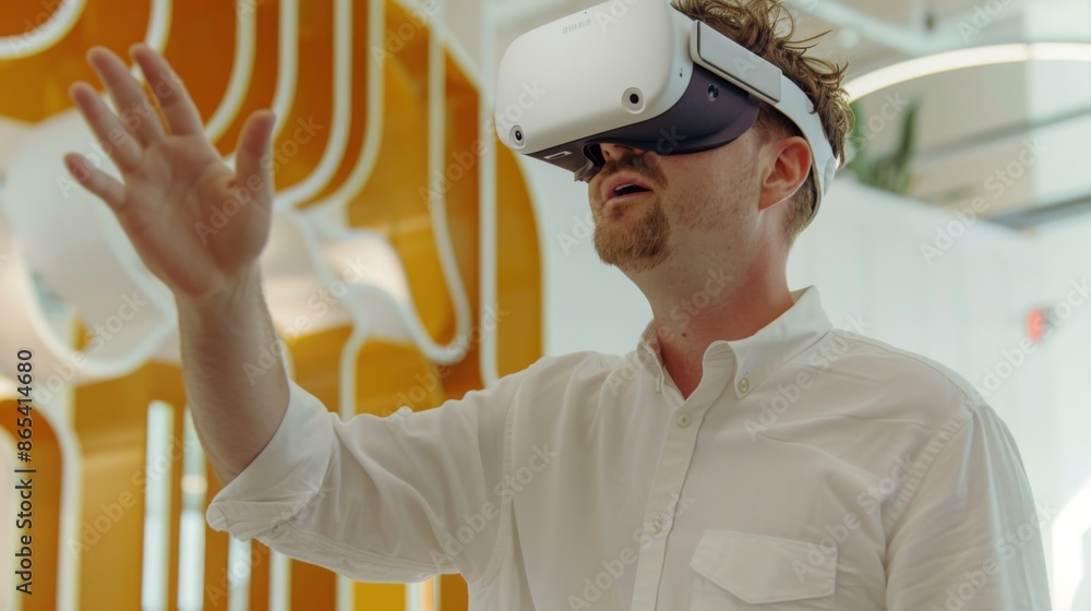 Poster a man wearing a white virtual reality headset with his hand outstretched, as if interacting with som