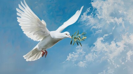 Obraz premium Peace personified: A majestic white dove gracefully carries a green olive branch, soaring against a backdrop of blue skies.