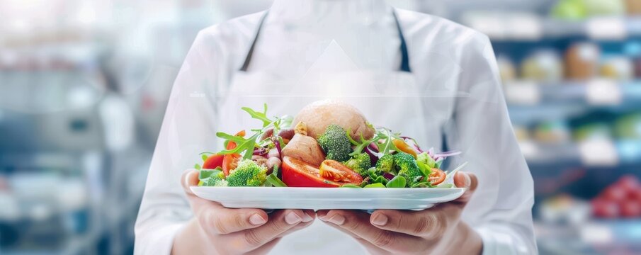 Close-up photo of a chef in a white uniform holding a fresh, colorful salad plated exquisitely in a professional kitchen setting.