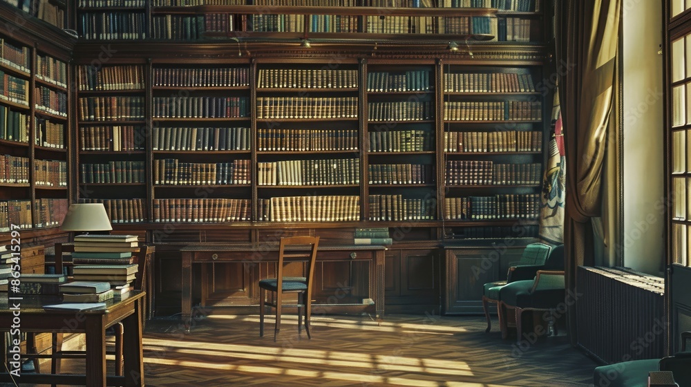 Poster peaceful library setting with books arranged methodically, fostering an environment conducive to foc
