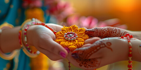 Close-up of hands decorating a rakhi bracelet with vibrant colors and henna designs for Raksha Bandhan. Ideal for visuals focused on cultural traditions, Indian festivals, and family love