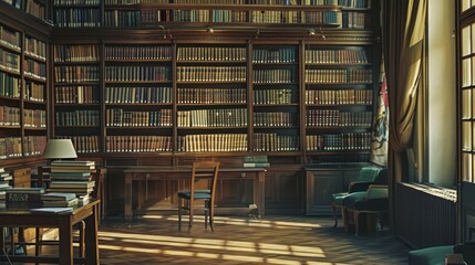 Obraz premium Peaceful library setting with books arranged methodically, fostering an environment conducive to focused learning and contemplation