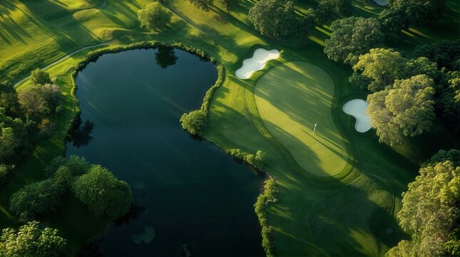 Aerial view of bunkers sand in golf court with putting green grass