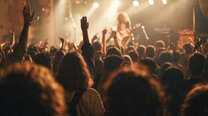 A crowd of people raises their hands in the air, enjoying a live music performance at a concert venue. The stage and the band are out of focus, with the focus on the energy of the audience.