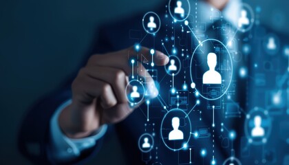 Businessman interacting with virtual people network, representing social connections and technology in professional networking.