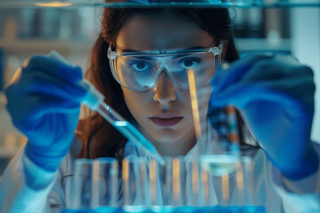 Focused Female Scientist Conducting Experiment in High-Tech Laboratory