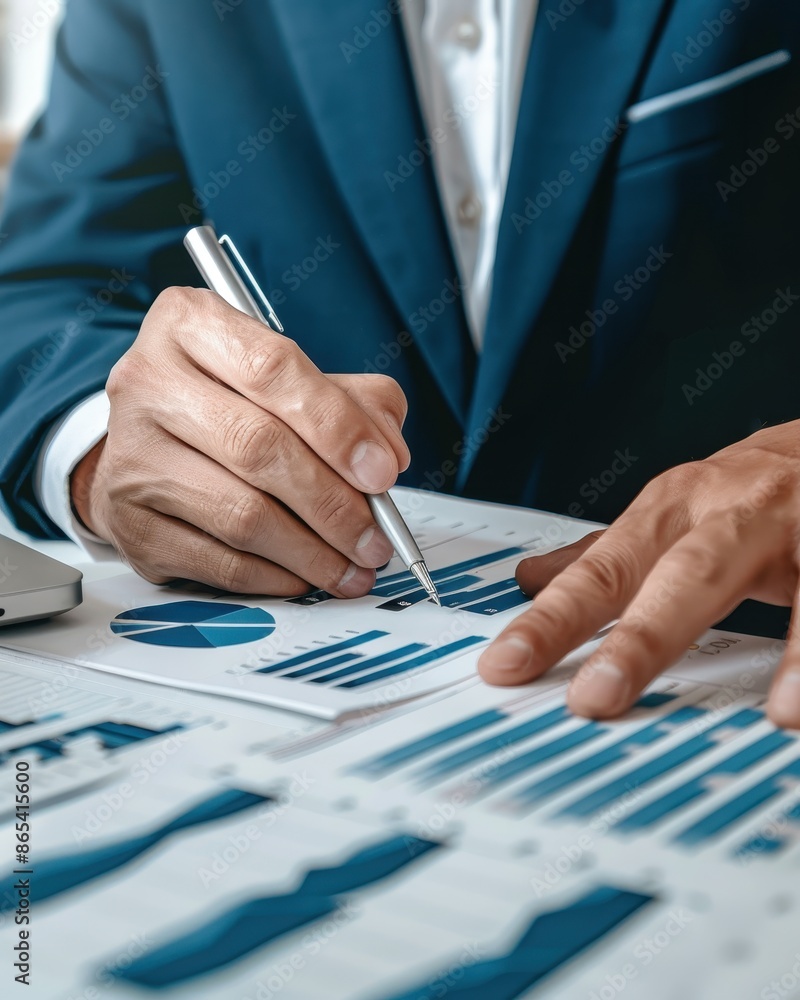 Poster business professional analyzing financial data with graphs and charts, planning strategy for growth 
