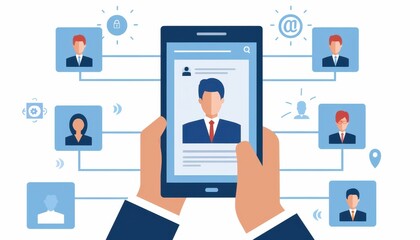 Business networking concept illustration showing hands holding a device displaying a professional profile connected to various users.