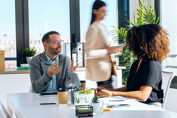 Casual multiage business people working with laptops while talking of they new project together in modern startup.