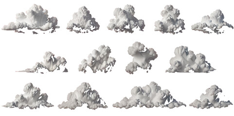 Set of vector clouds or smoke on an isolated transparent background. Vector realistic white soft cutout clean cumulus cloudscape cut out specials fog on transparent background.