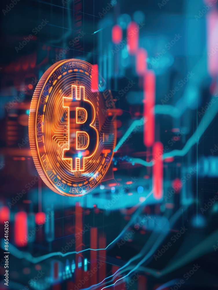 Aufkleber Abstract digital representation of a glowing Bitcoin with futuristic financial graph in the background highlighting cryptocurrency market trends.