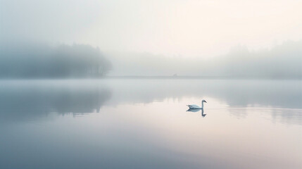 Fototapeta premium Solitary Swan Gliding on Misty Lake at Dawn with Pink & Blue Tones