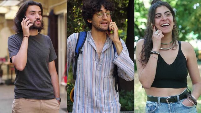 Multiscreen display featuring two young men and one young woman, all around 25 years old, engaged in phone conversations. Their expressions reflect their focus and engagement with their calls.