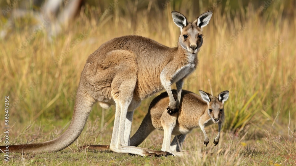 Wall mural mother kangaroo with her baby joey sticking her head out of the pouch