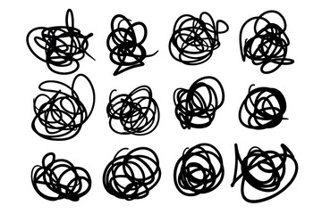 Scribble doodle set, paint underline children marker scratch, vector pen squiggle kit, black stroke. Hand drawn pencil abstract sketch, texture. Scribble doodle