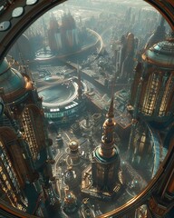 Fototapeta premium Futuristic cityscape with towering skyscrapers, advanced architecture, and high-tech transport system under a clear sky.
