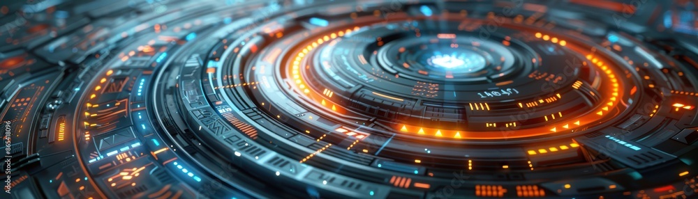Poster futuristic circular digital interface with glowing lights and intricate patterns, perfect for techno