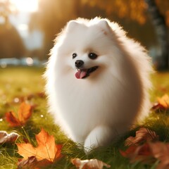Fototapeta premium Adult White Pomeranian Spitz Dog Walking Outdoor In Autumn Grass