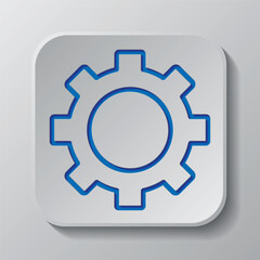 Gear simple icon vector. Flat design. Paper cut design. Cutted blue symbol with shadow. Gray badge button, gray background