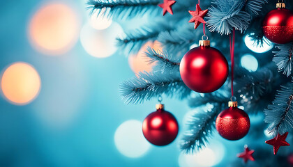 Weihnachtsschmuck festlich weihnachtlich dekorativ Christbaum Kugeln als Dekoration hängen vor blau weißen Hintergrund mit Schnee Flocken und Sonnenstrahlen hell erleuchtet festlich dekorativ Vorlage