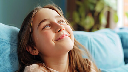 Cheerful calm Gen Z teenage schoolgirl resting on a couch at home, looking up with a relaxed expression.