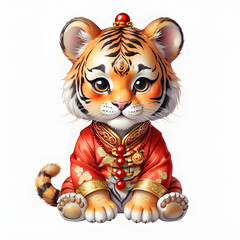 Watercolor clip art  a cute baby Chinese clothing  tiger red gold ornaments. on a white isolated background