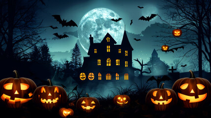 Spooky Halloween scene with a haunted house silhouette, glowing jack-o'-lanterns, and flying bats under a full moon.