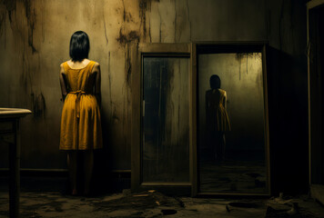 Woman standing in front of a mirror in a dimly lit room, wearing a yellow dress and facing away from the camera, creating a mysterious atmosphere.