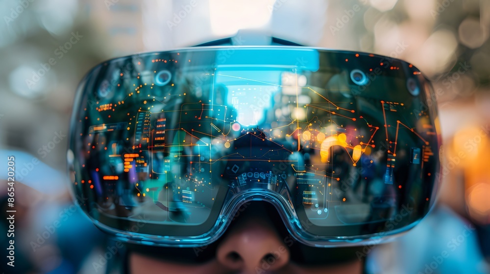 Poster A pair of blue virtual reality goggles with a screen in the middle. The goggles are designed to give the user a sense of immersion in a virtual world
