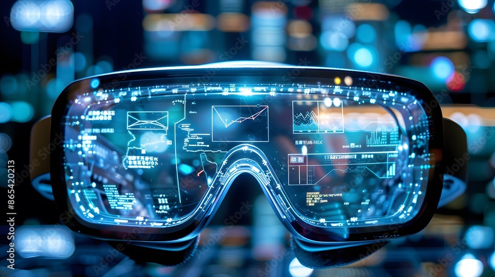 Poster a pair of blue virtual reality goggles with a screen in the middle. the goggles are designed to give