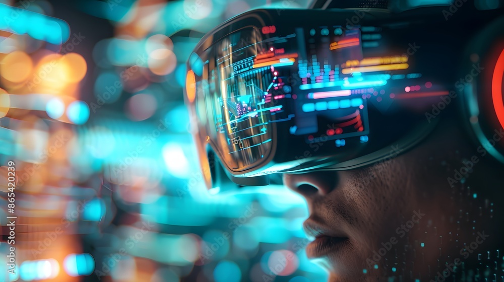 Poster a man is wearing a virtual reality headset and is interacting with a 3d image projected on a screen.
