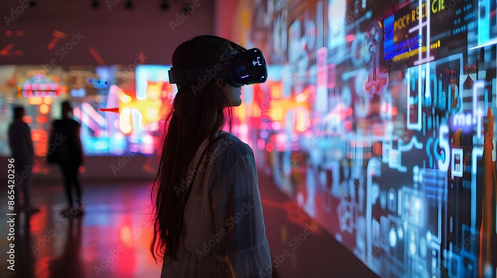 Poster a woman is wearing a virtual reality headset and is interacting with a 3d image projected on a scree