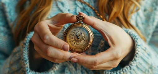 Woman in knit sweater holding vintage pocket watch - Powered by Adobe