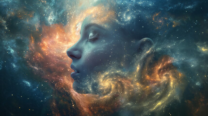 Face blending into swirling, cosmic, hallucinogenic patterns.