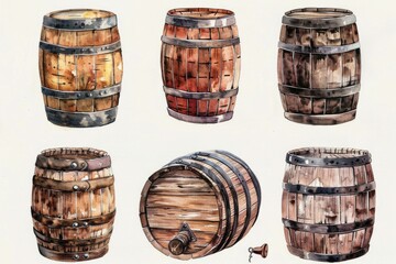 Old Rustic Wooden Barrel for Wine and Whiskey Watercolor Illustration
