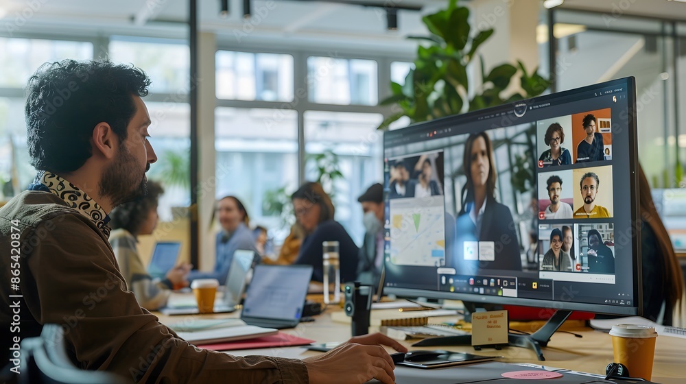 Poster a man is sitting in front of a computer monitor with a group of people on the screen. the man is wea