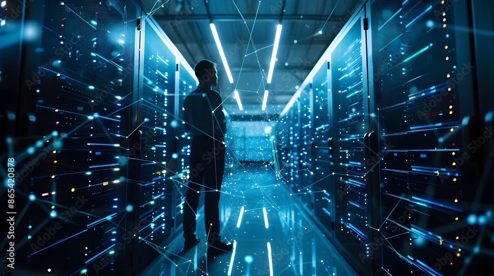 Poster a large room with many computer servers. the servers are black and red. the room is very large and h