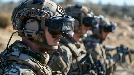 A group of soldiers wearing helmets and vests are sitting in a forest. Scene is serious and focused, as the soldiers are likely preparing for a mission or training exercise