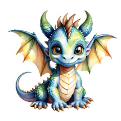 Fototapeta premium Watercolor clip of a cute little dragon on a white isolated background.