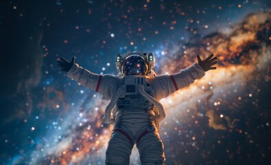 Obraz premium An astronaut in a full body shot, with hands raised up in awe, stands amidst a universe of stars and nebulae.