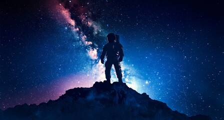 Astronaut silhouetted against a starry sky, gazing upon the Milky Way and vibrant galaxies. Awe-inspiring astronomical scene.
