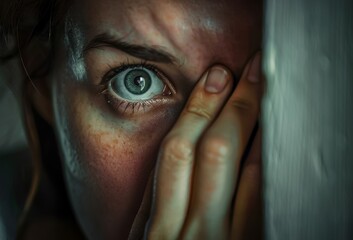 Close-up of a woman's eyes, filled with fear and terror.  She cowers in a dark corner, hand shielding her face.