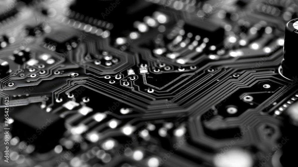 Poster a close-up, black and white image of a circuit board with intricate patterns of wires and components
