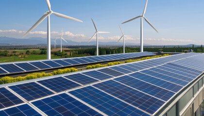 Rooftop garden with solar panels and wind turbines, green energy, urban and ecoconscious