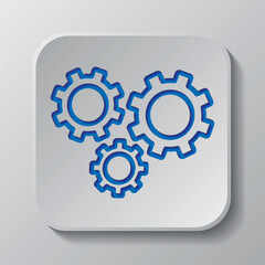Fototapeta premium Gears simple icon vector. Flat design. Paper cut design. Cutted blue symbol with shadow. Gray badge button, gray background