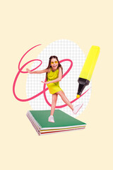 Vertical photo collage of happy cute girl wear sunglass yellow dress highlighter notebook supplies school isolated on painted background