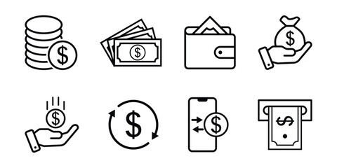 money icon set. containing cash, saving, wallet, transfer, withdraw icons. finance symbol for app, ui, website and design element. transparent png and vector illustration.