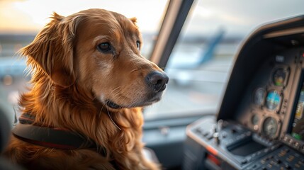 A well-groomed golden retriever sits inside an airplane cockpit with a serene expression, surrounded by flight instruments during a beautiful sunset